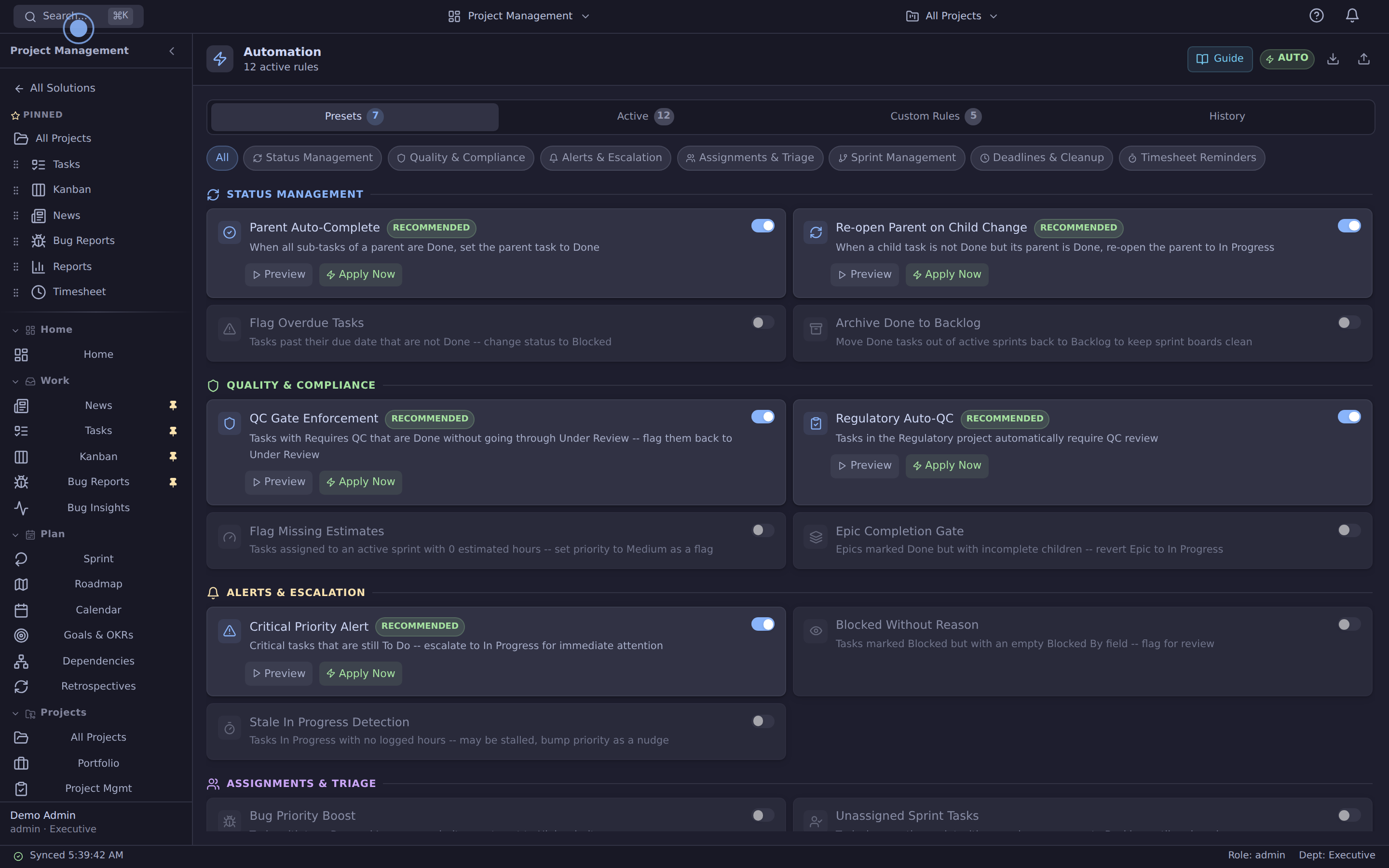 Automation rules panel with trigger, condition, action, and dry-run toggles