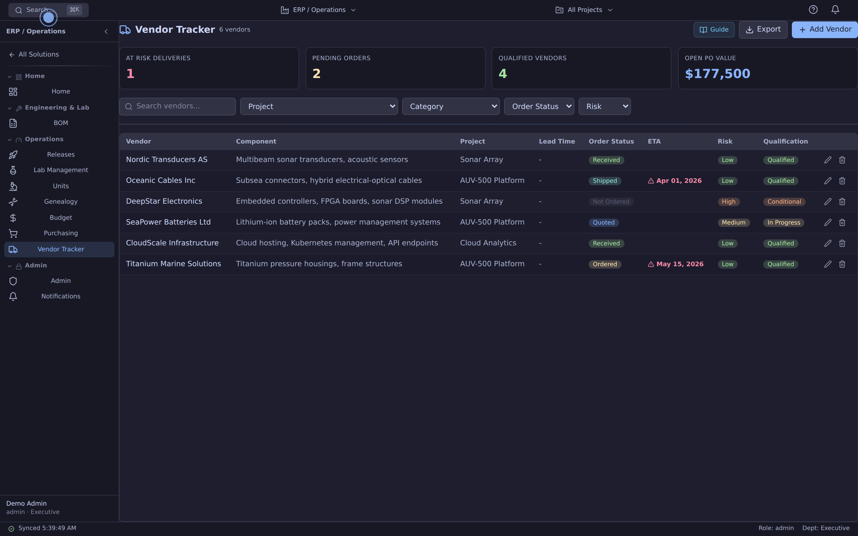 Vendor list with risk tier, qualification status, and payment terms columns