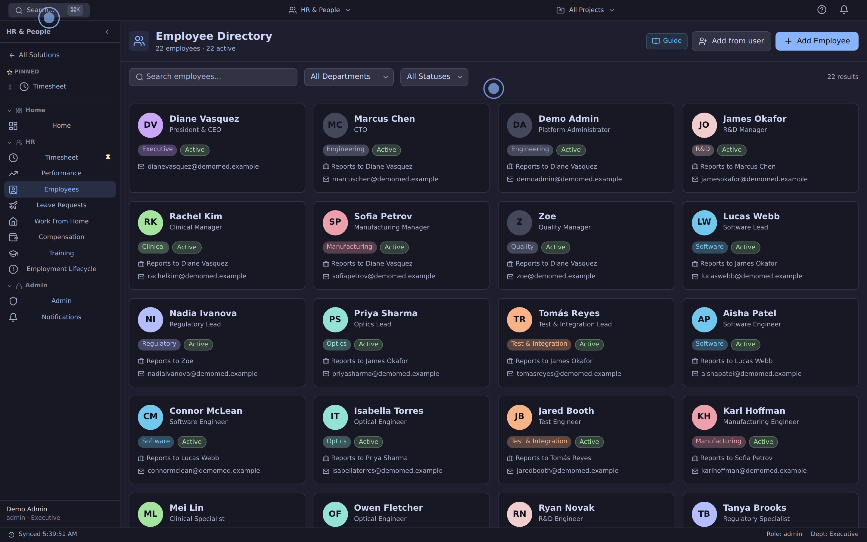 HR employee directory with org-chart hierarchy, role, department, and current sprint commitments
